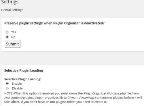 Plugin Organizer Settings Page
