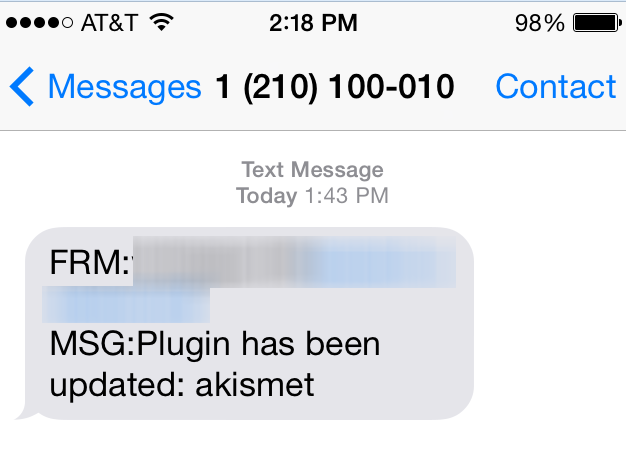 Text Message Notifying Me A Plugin Has Been Updated