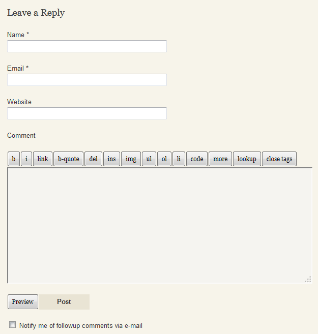 Comment Form Used on The Tavern in 2011