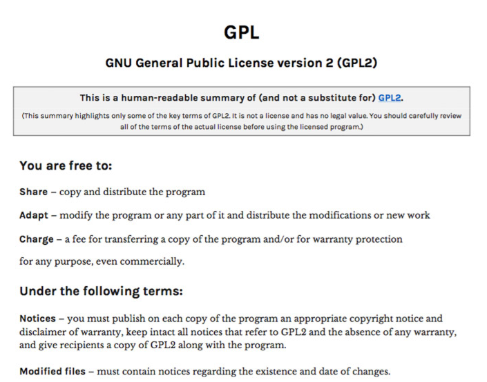 Sample of the human readable summary of the GPL