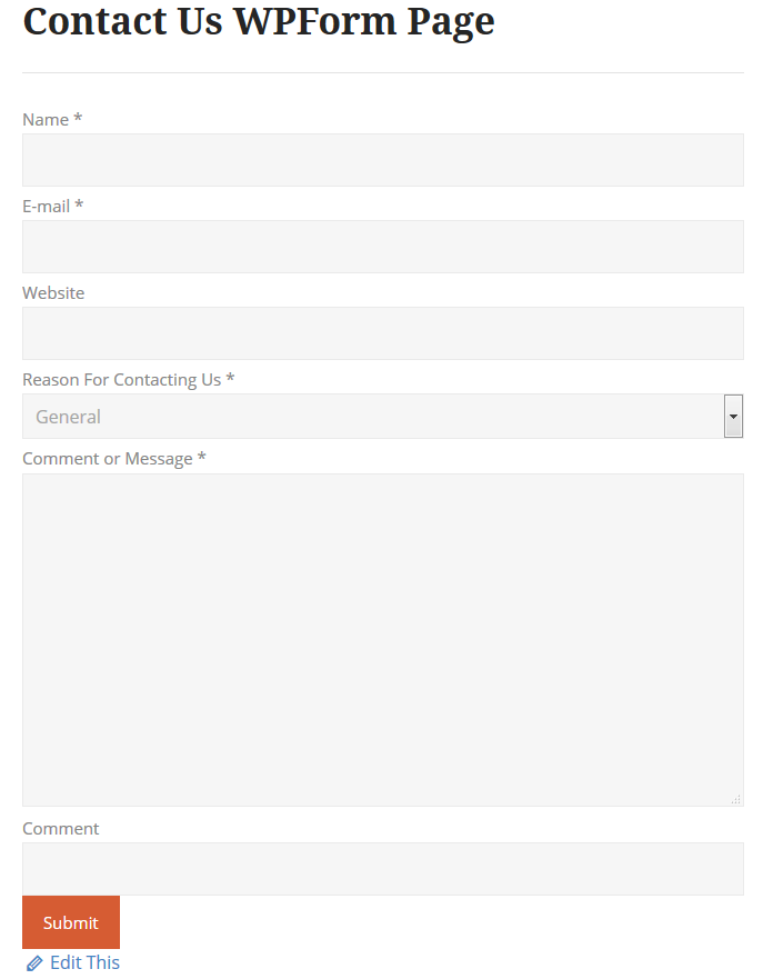WPForms Contact Form on The Tavern Frontend