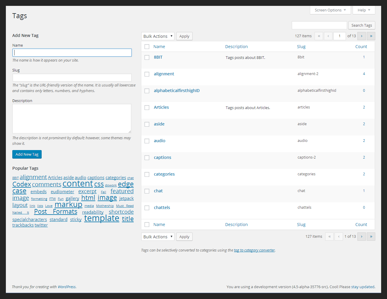 WordPress 4.6 Tag Management Screen
