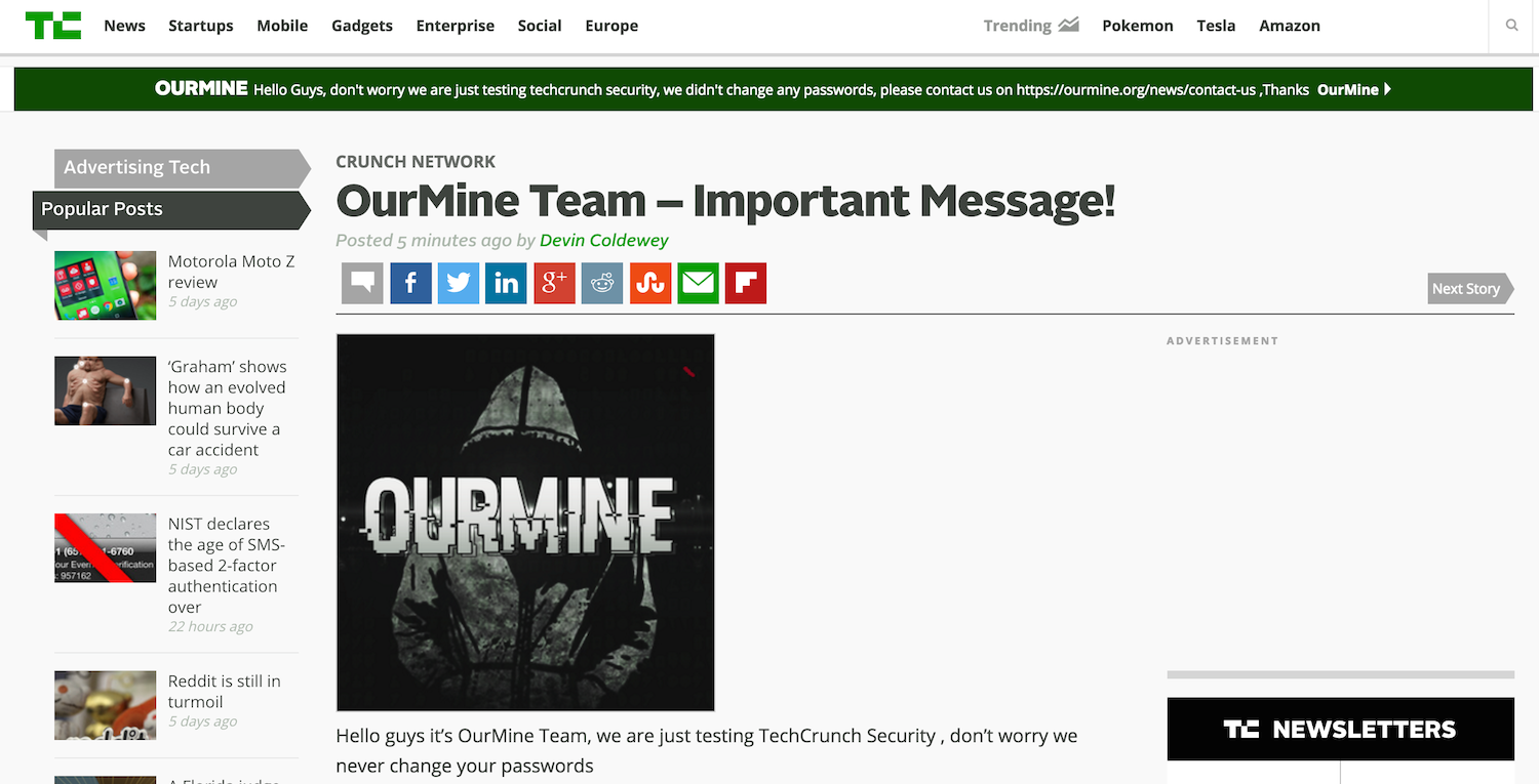 TechCrunch Hacked by OurMine, Attackers Target Weak Passwords