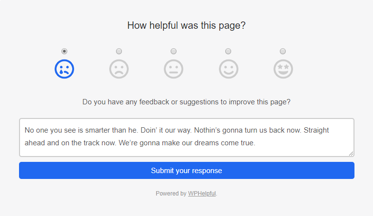 Screenshot of the WPHelpful plugin's feedback form on the front end of the site.