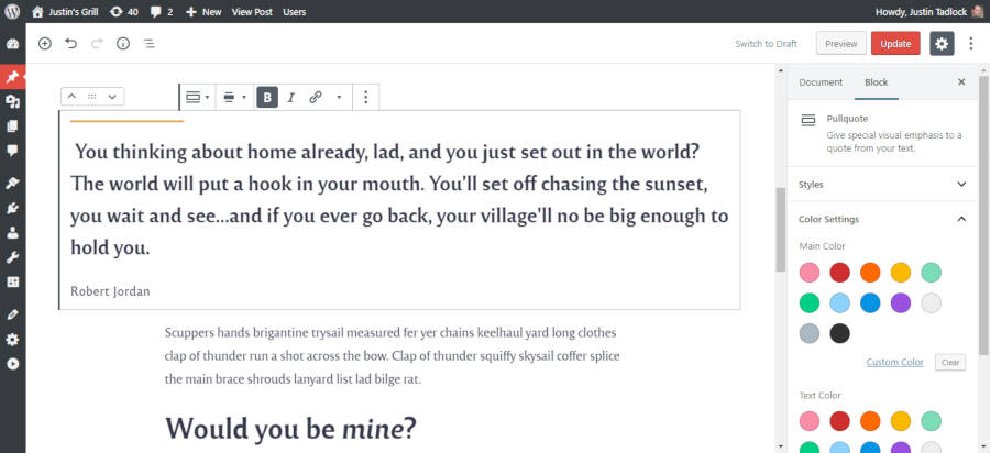 Screenshot of the Rosa 2 theme when used in the Gutenberg editor.