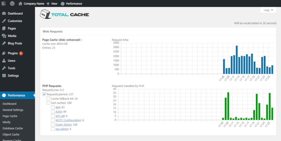 Screenshot of a statistics page in the W3 Total Cache plugin.