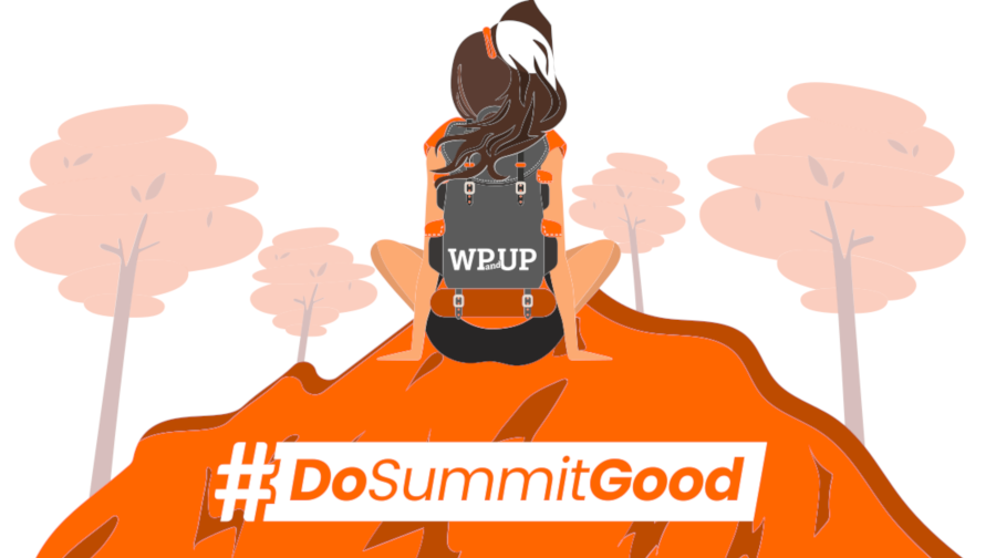 Decorative image of woman sitting on a mountain, surrounding by trees with the text "#DoSummitGood".