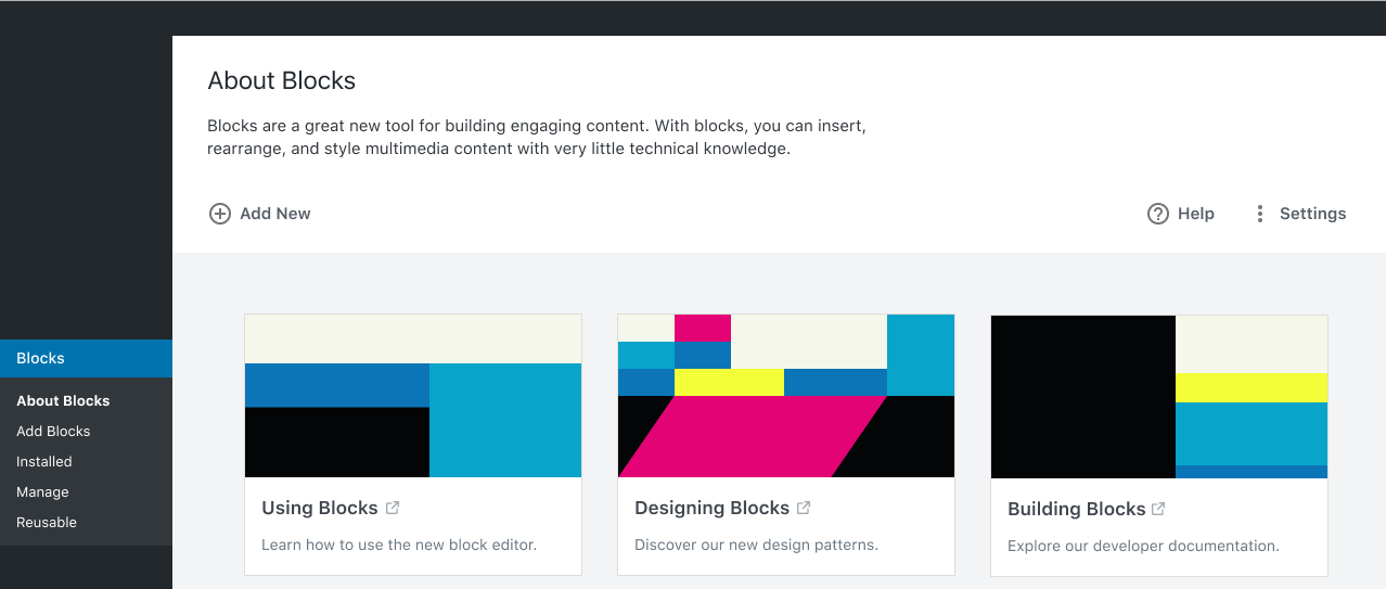 Screenshot of the About Blocks screen prototype for WordPress.
