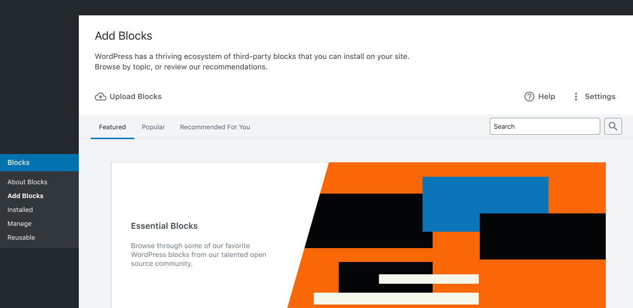 Screenshot of the Add Blocks screen prototype for WordPress.