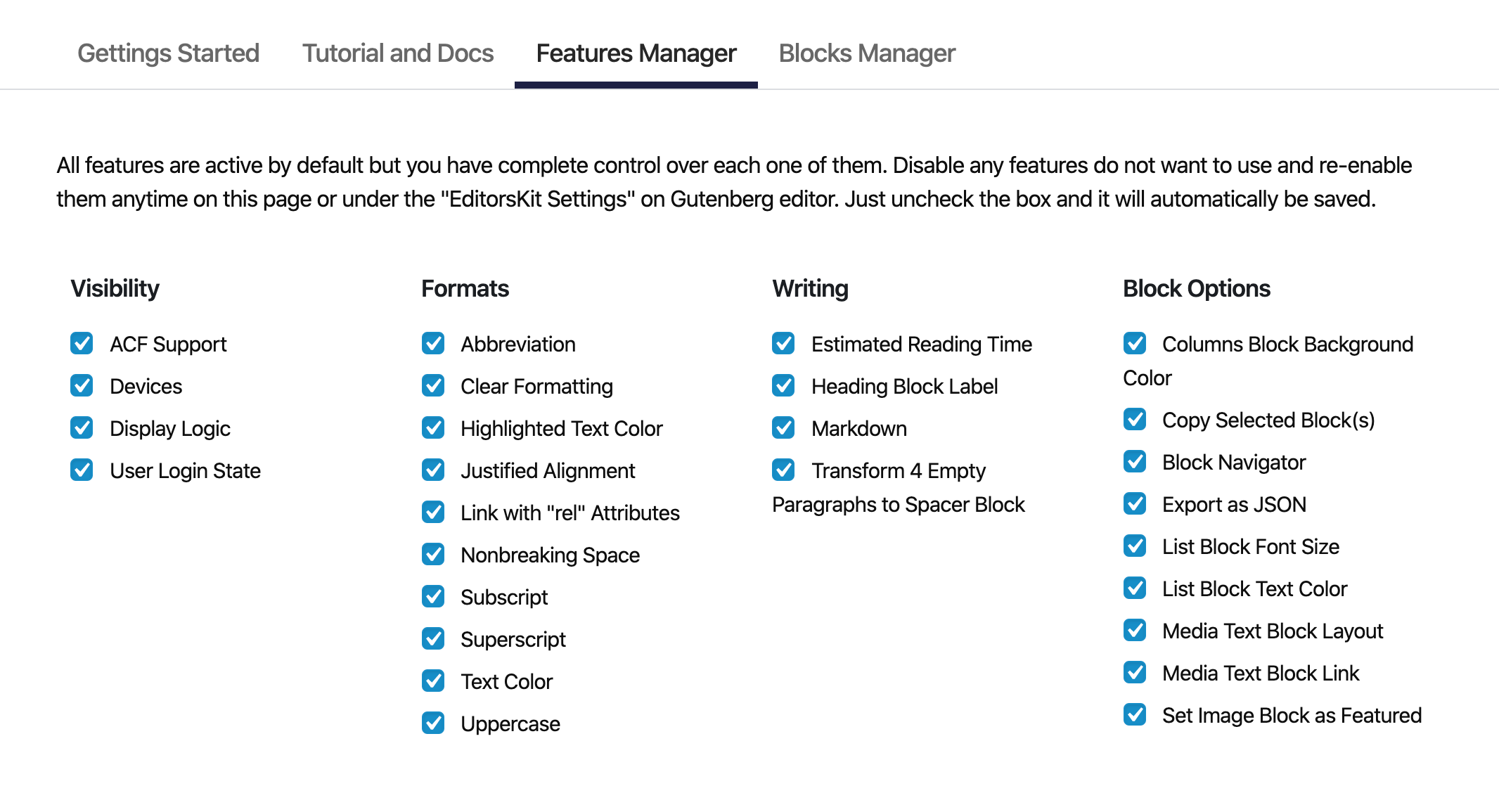 Screenshot of the EditorsKit plugin settings.