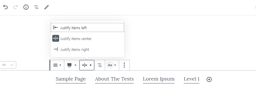 Screenshot of aligning items within the navigation block in Gutenberg.