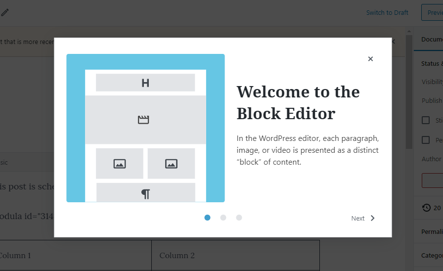 Screenshot of the welcome modal for first-time Gutenberg users.