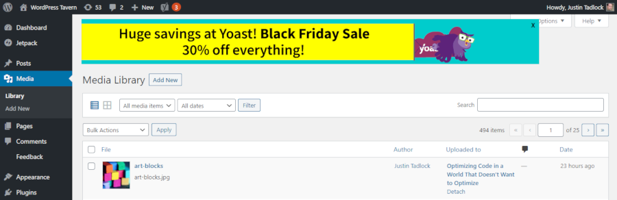 Screenshot of the Yoast SEO plugin Black Friday ad in the WordPress admin.