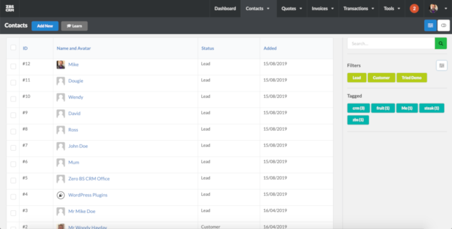 Screenshot of the contact management screen in the Zero BS CRM plugin.