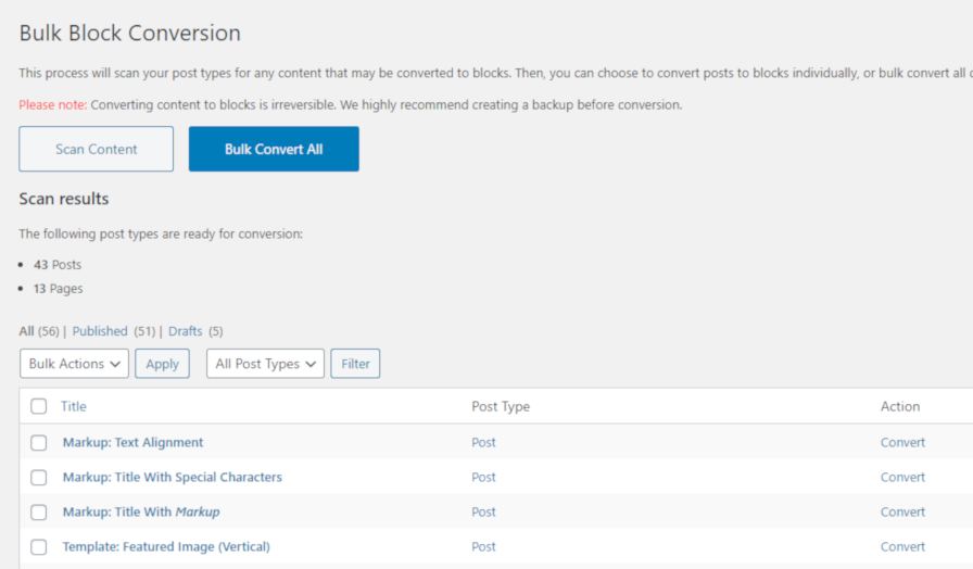 Screenshot of the Tools > Block Conversion plugin screen in the admin.