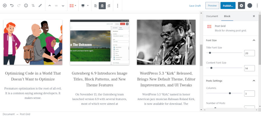 Screenshot of the Post Grid block from the Guteblock WordPress plugin.