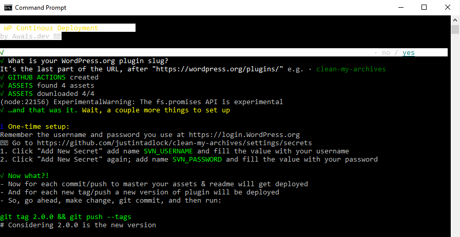 Screenshot of setting up WP Continuous Deployment via the command line.