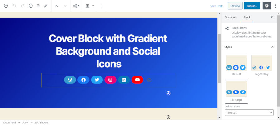 Screenshot of the cover block with a gradient background and an inner social icons block.