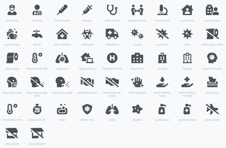 Screenshot of all the new icons included in Font Awesome 5.13 related to COVID-19.
