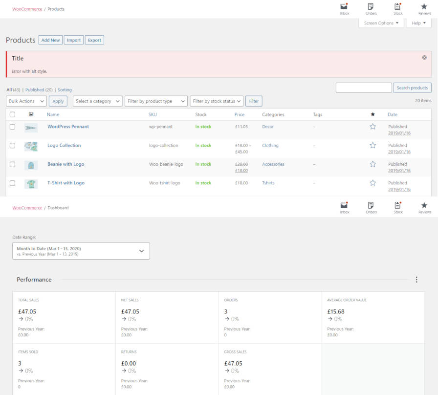 Comparison of the output of an admin notice on the WooCommerce products and dashboard screens