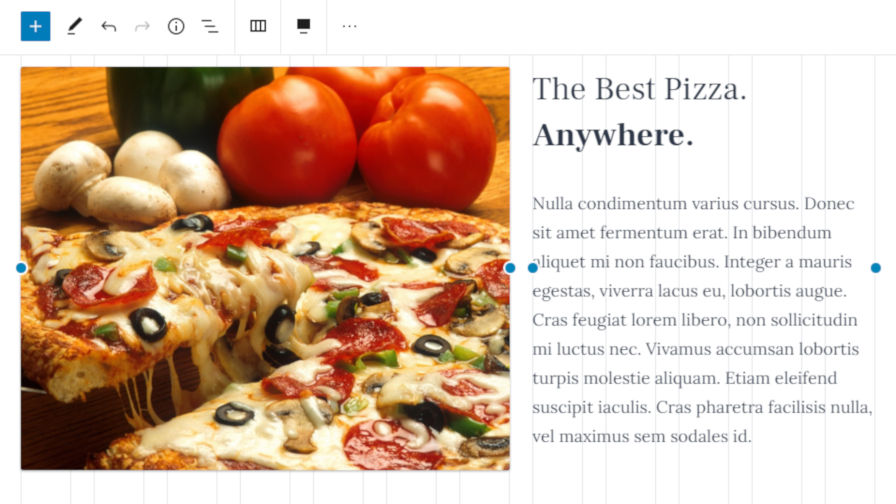Screenshot of a pizza restaurant menu item with the Layout Grid block.