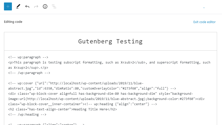 Screenshot of the code editing view in Gutenberg 8.0.