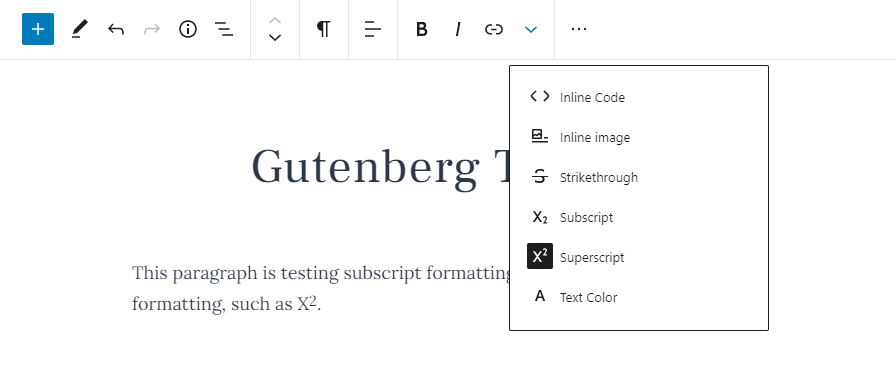 Screenshot of inserting superscript text into the block editor.