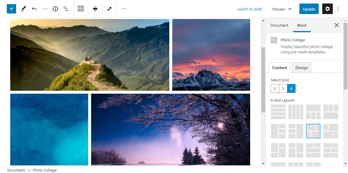 Screenshot of the Photo Collage block from the ACF Blocks plugin in the WordPress editor.