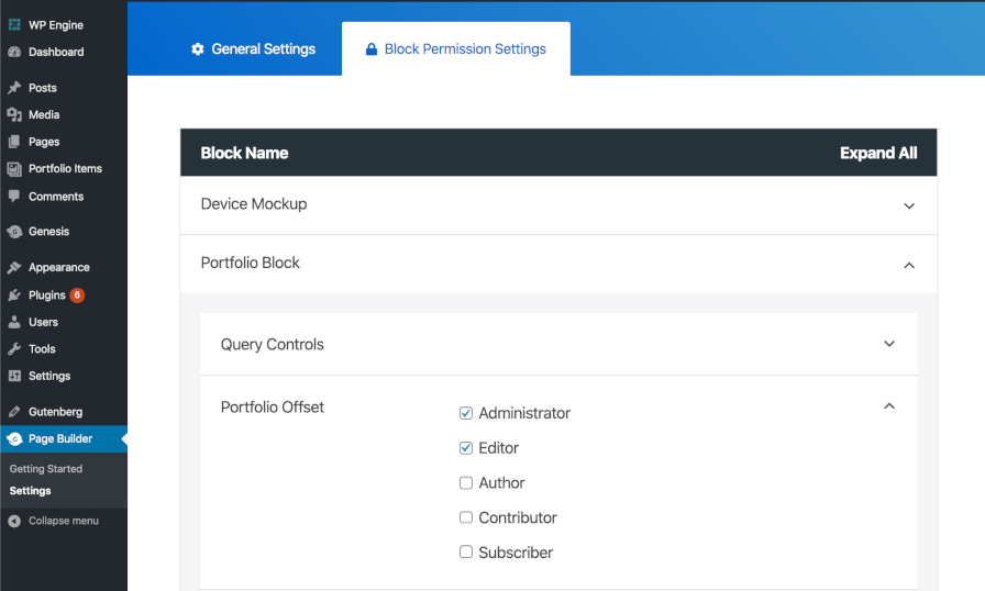 Screenshot of the block permissions settings for Genesis Pro.