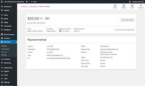 WooCommerce Payments Transaction Details screen.