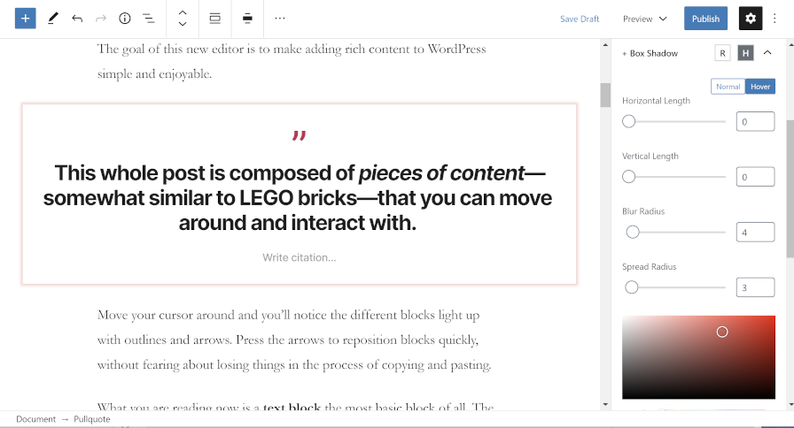 Editing a Pullquote block's design options via the EditorPlus plugin.
