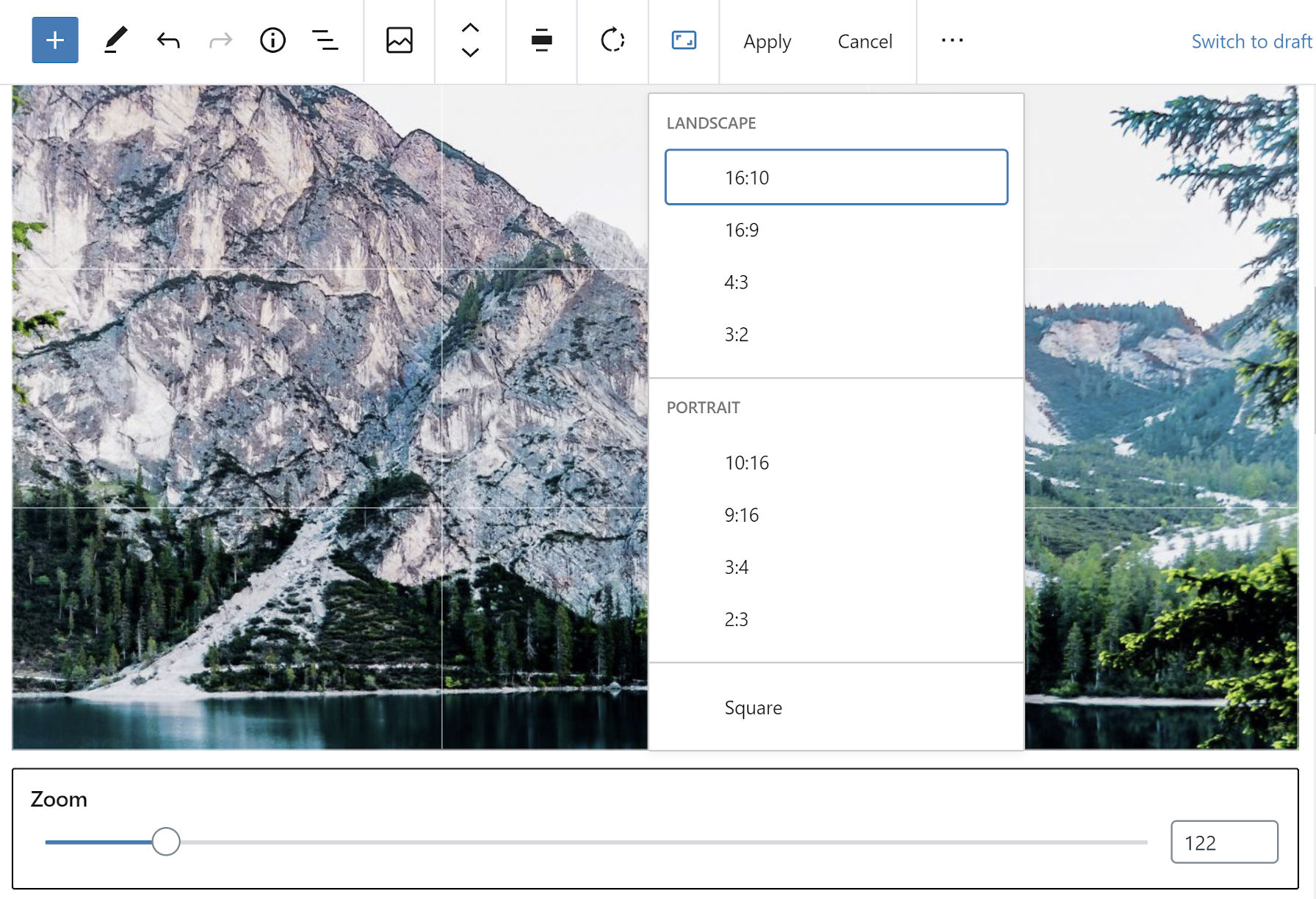 Cropping and changing an image's aspect ratio in the block editor.