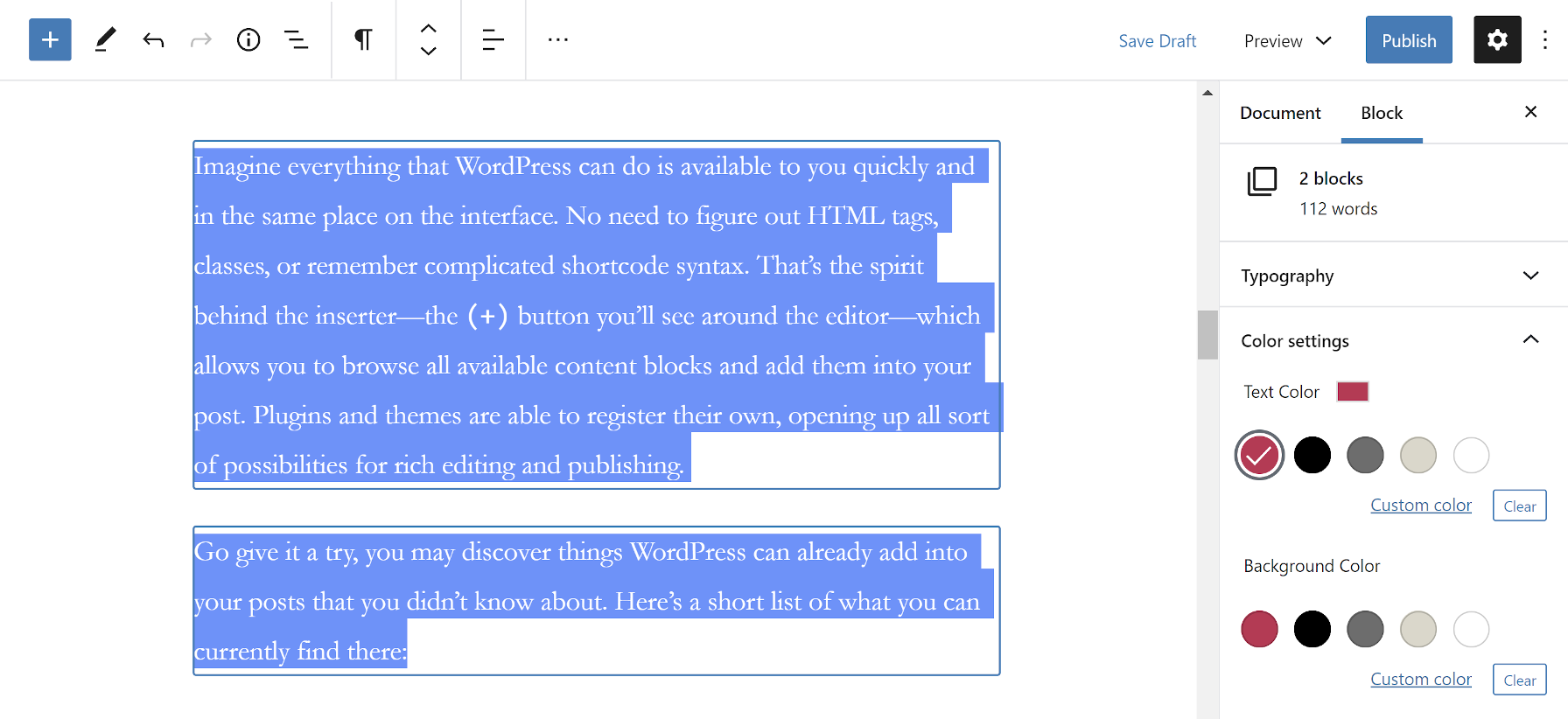 Editing the block options for two paragraphs.