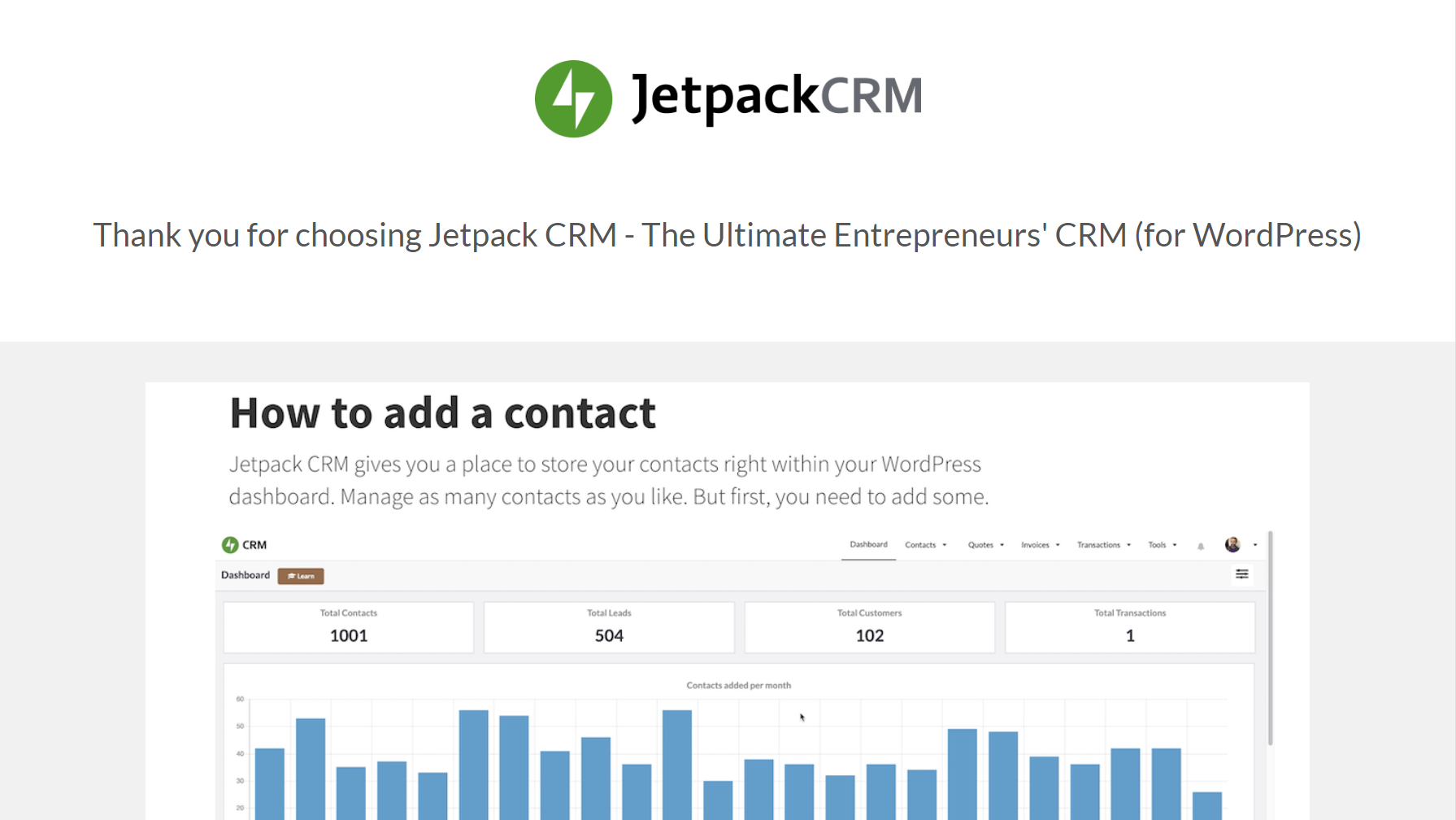 Screenshot of the Jetpack CRM welcome screen.