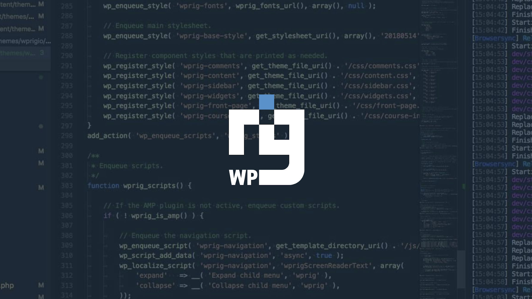Decorative image of the WP Rig logo with a code editor in the background.
