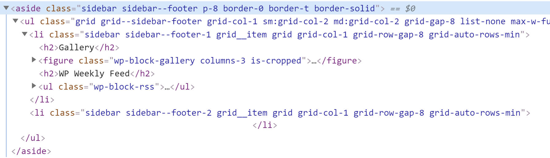 HTML code view of block-based widgets.