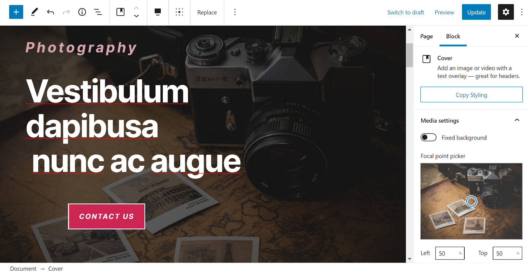 Photography template from Gutenberg Hub in the block editor.