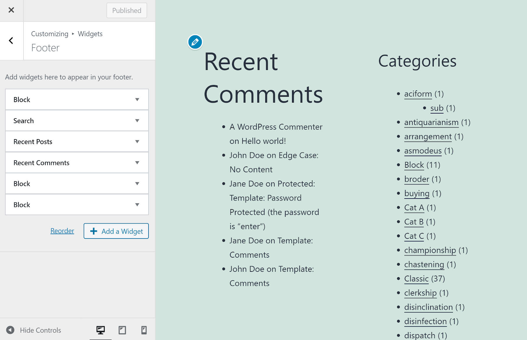 Widgets panel in the WordPress customizer.