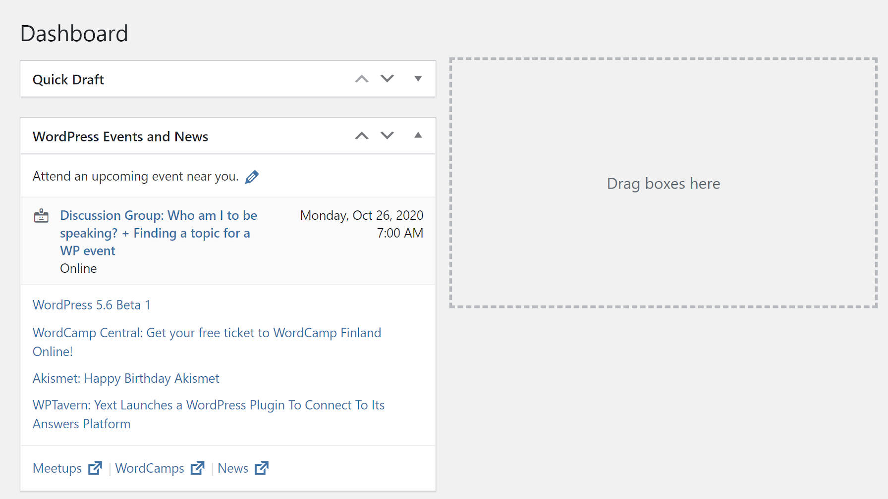 WordPress Dashboard admin screen with visible meta box holder.