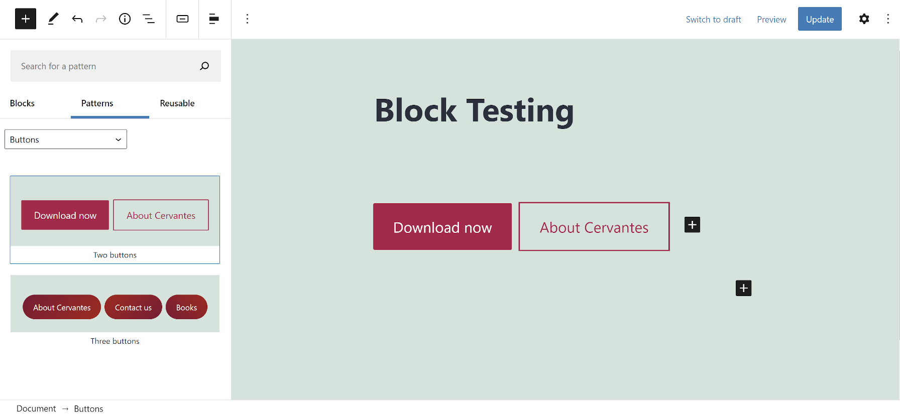 Testing button-related block patterns in the WordPress editor.