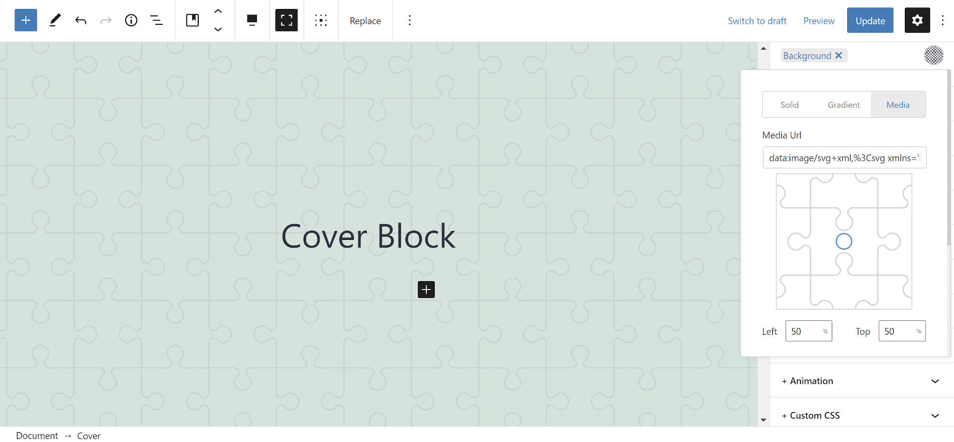 SVG background image on the Cover block in the WordPress editor.
