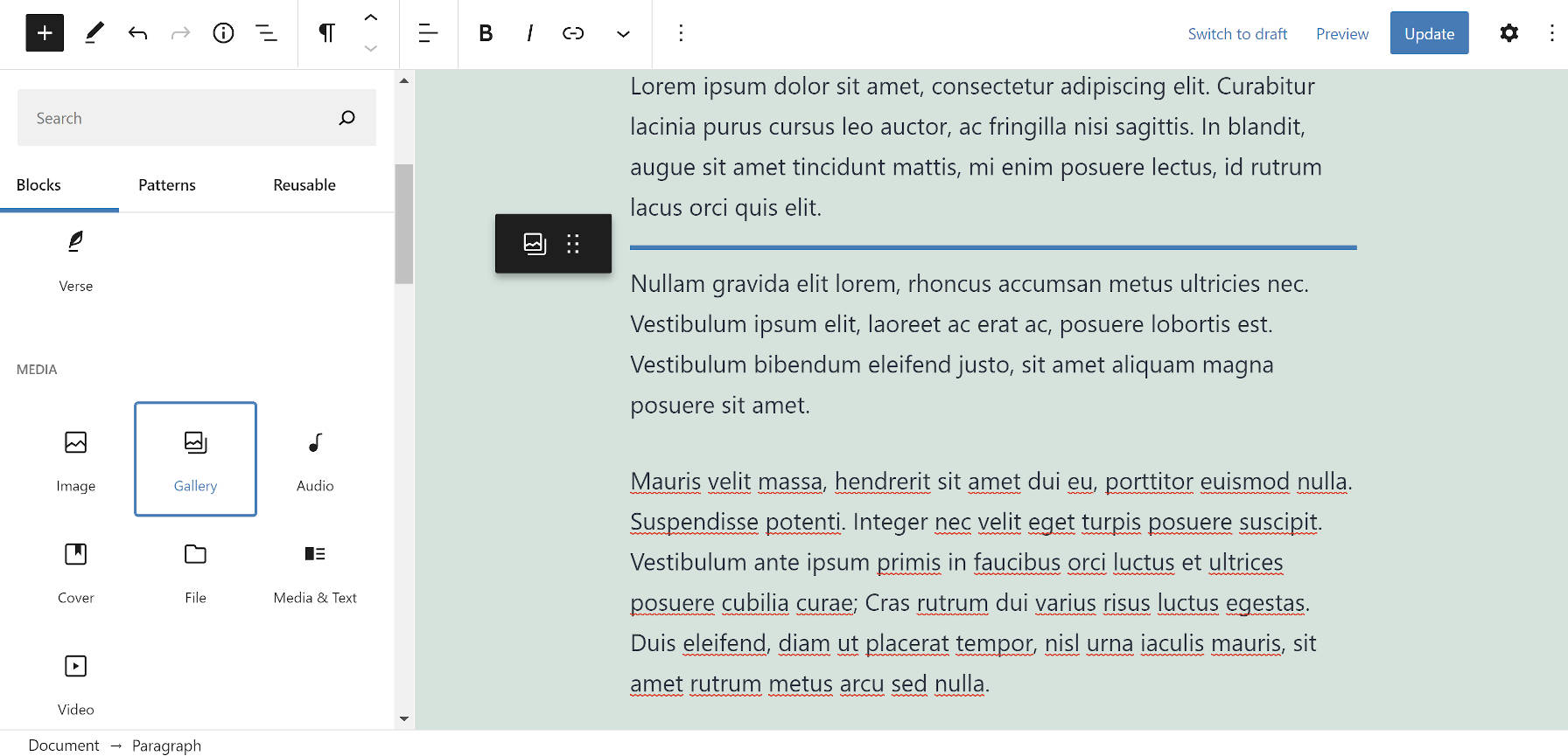 Dragging a Gallery block into the content canvas in the WordPress block editor.