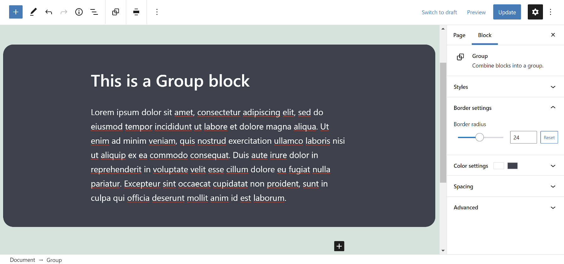 Group block in the editor with rounded borders.