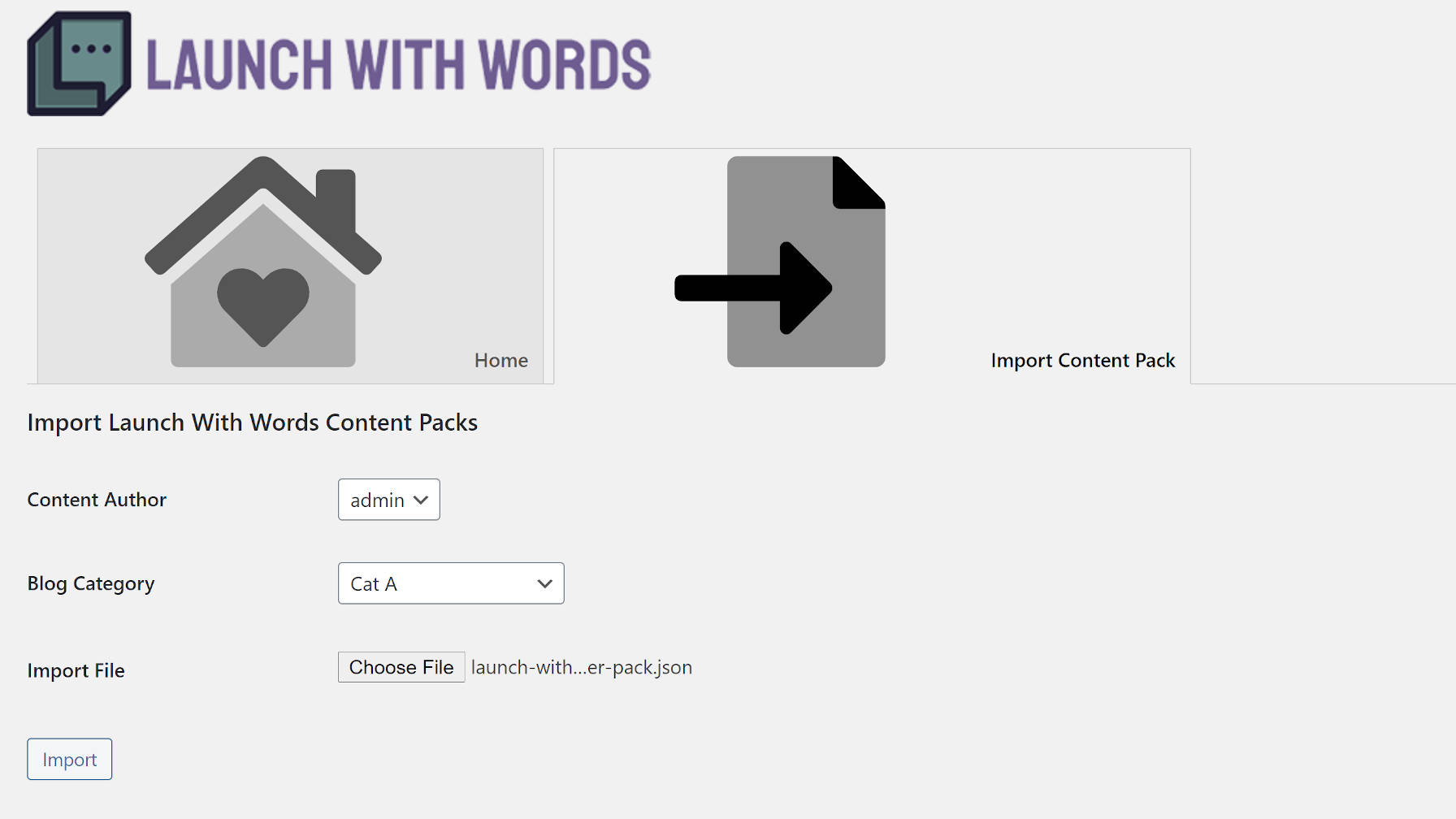 Launch With Words plugin import content pack screen.