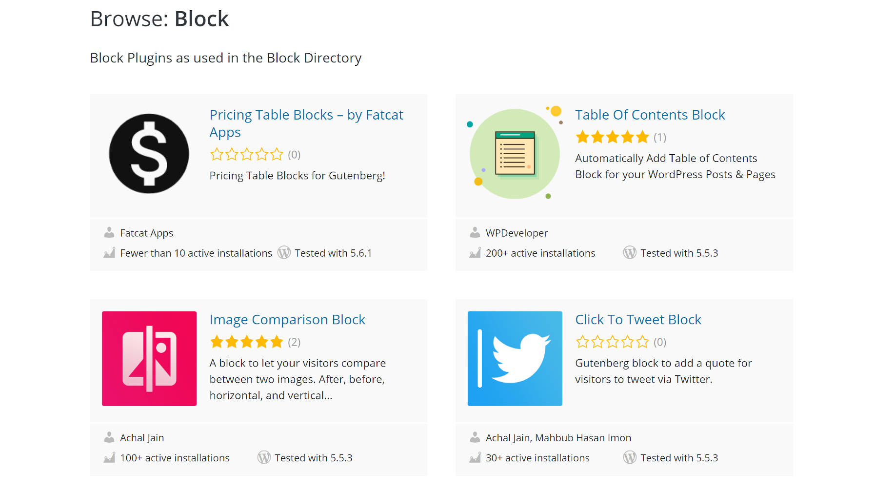 Screenshot of the WordPress.org block directory.