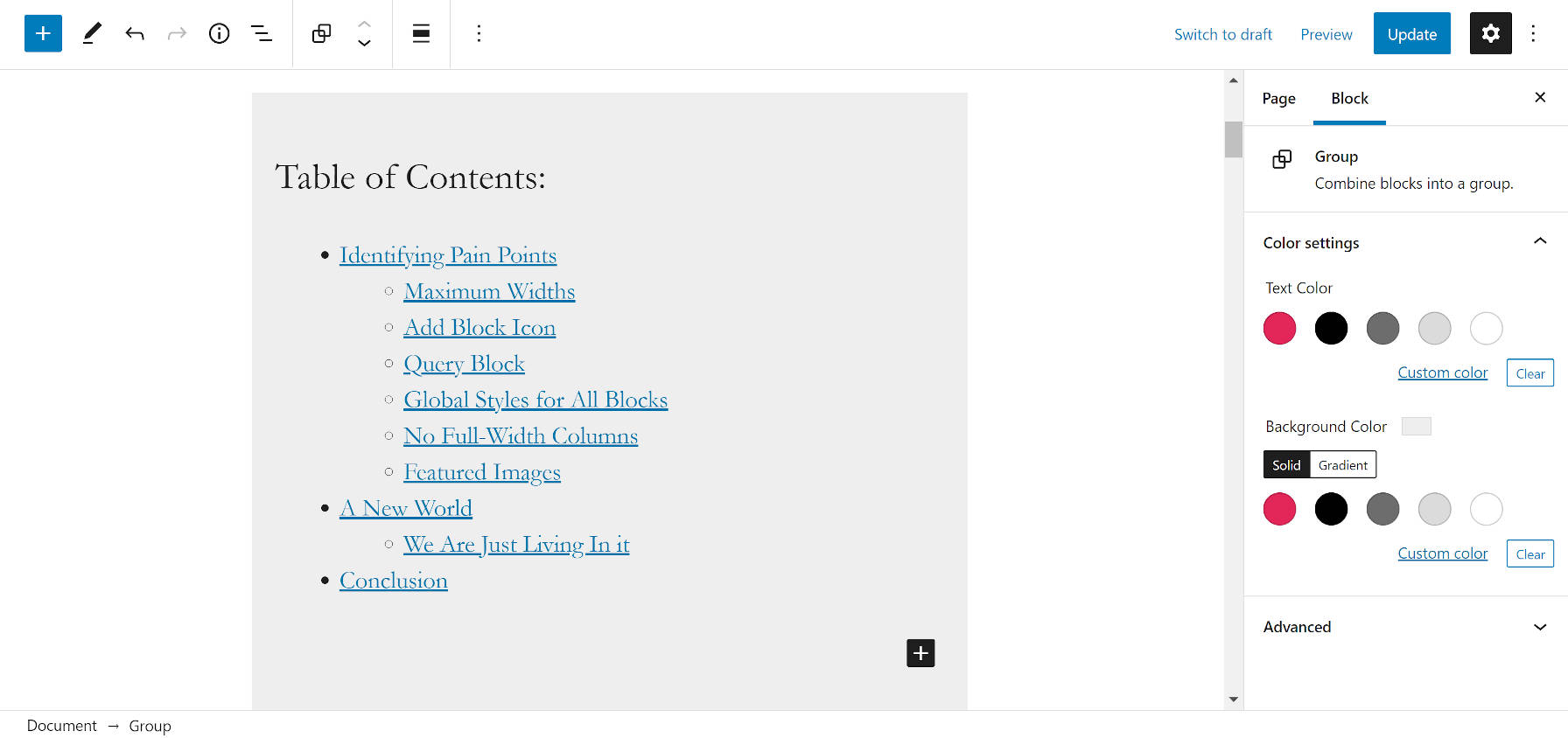 Grouping the Table of Contents block into a Group block in the WordPress editor.