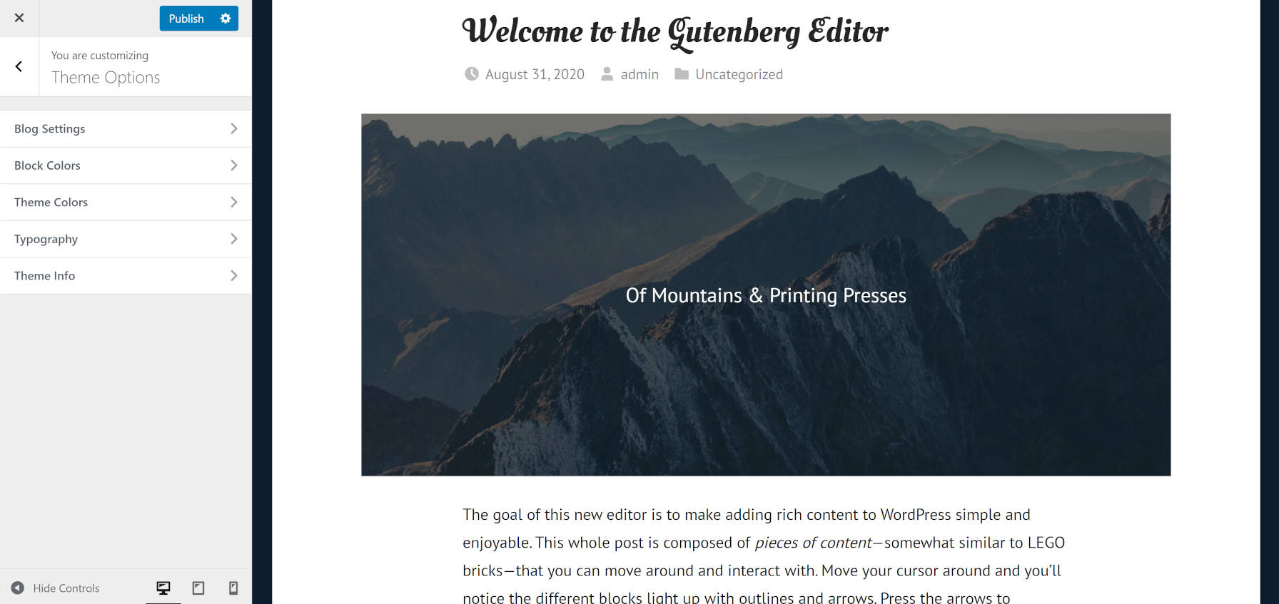 Typography and color customizations of the GT Basic WordPress theme via the customizer.