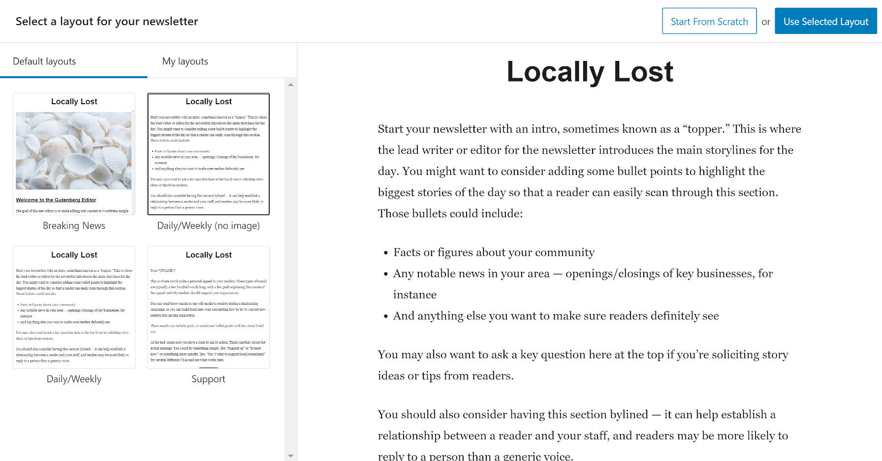 Selecting a layout from the Newspack Newsletters add new screen.