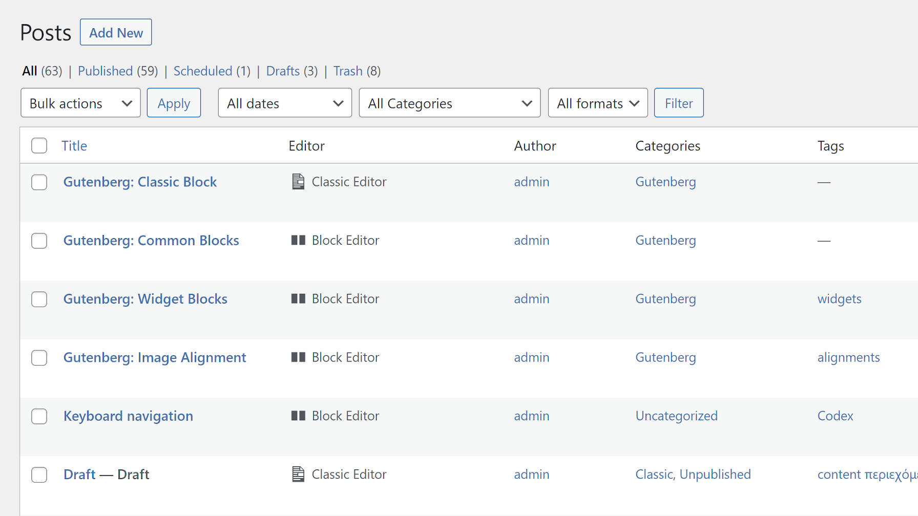Manage posts screen with "Editor" column to distinguish between block and classic posts.