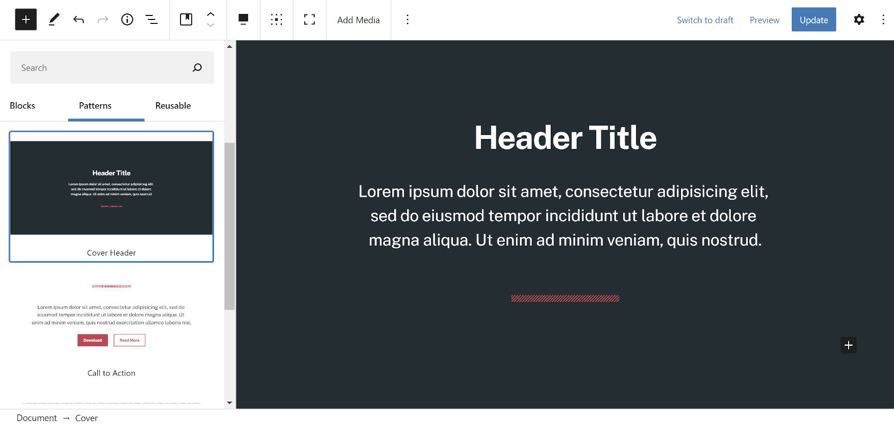 Hero-type pattern with a Cover block and Heading in the WordPress editor.